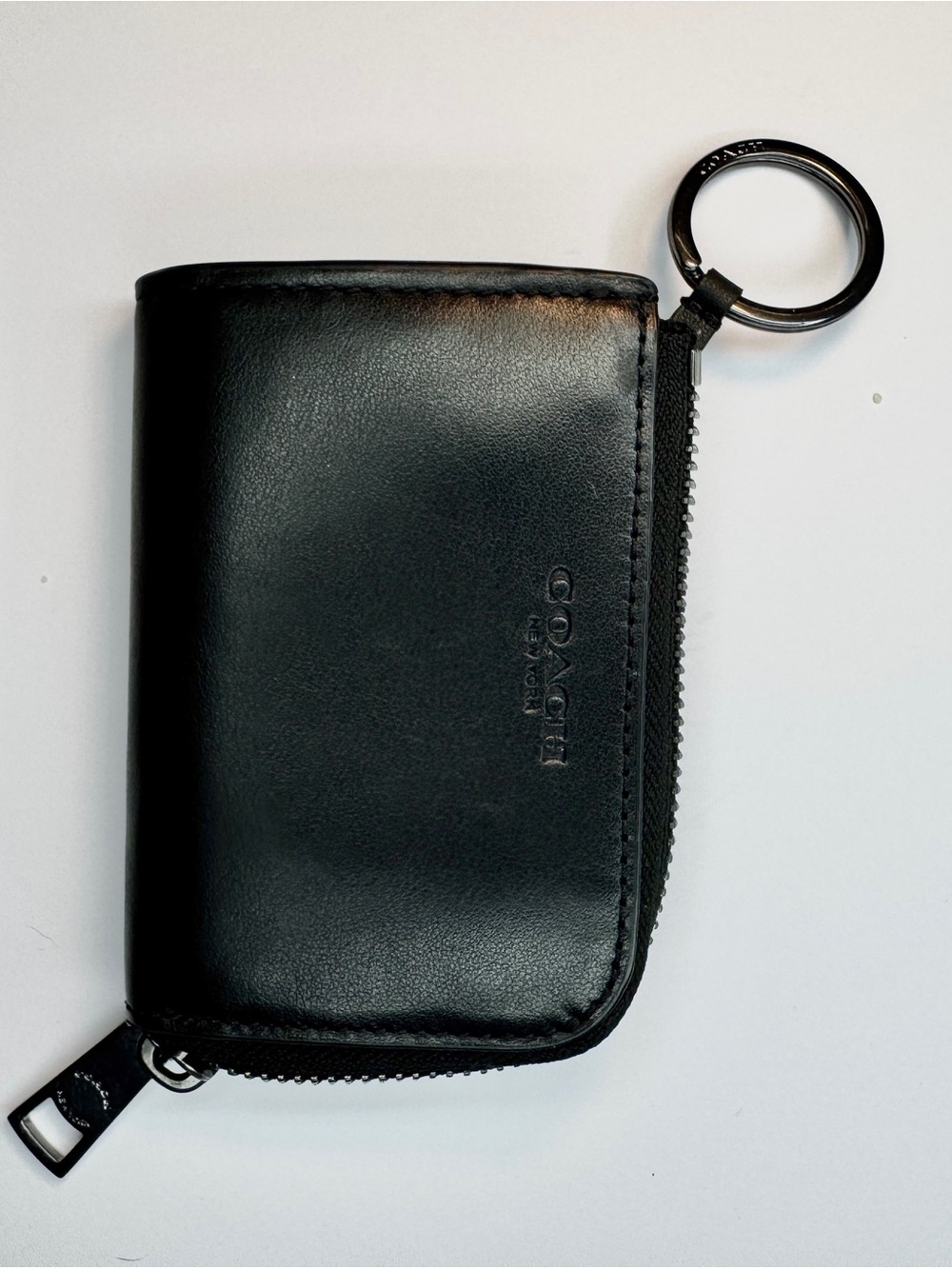 Coach Black Leather Zip Around Coin Purse Wallet Key Ring Card Case - Picture 5 of 9